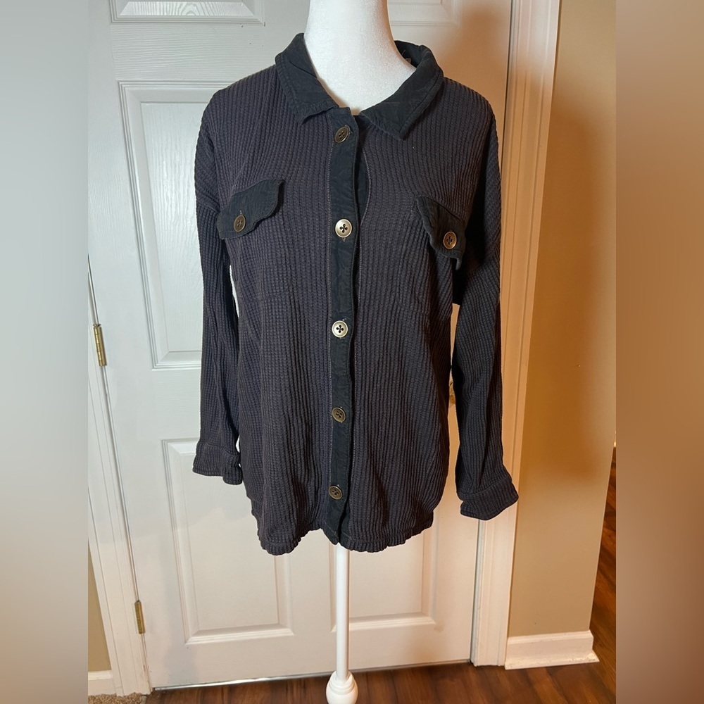 Soft Surroundings Womens M Audra Waffle Knit Tunic Button Up Shirt Brown/purple